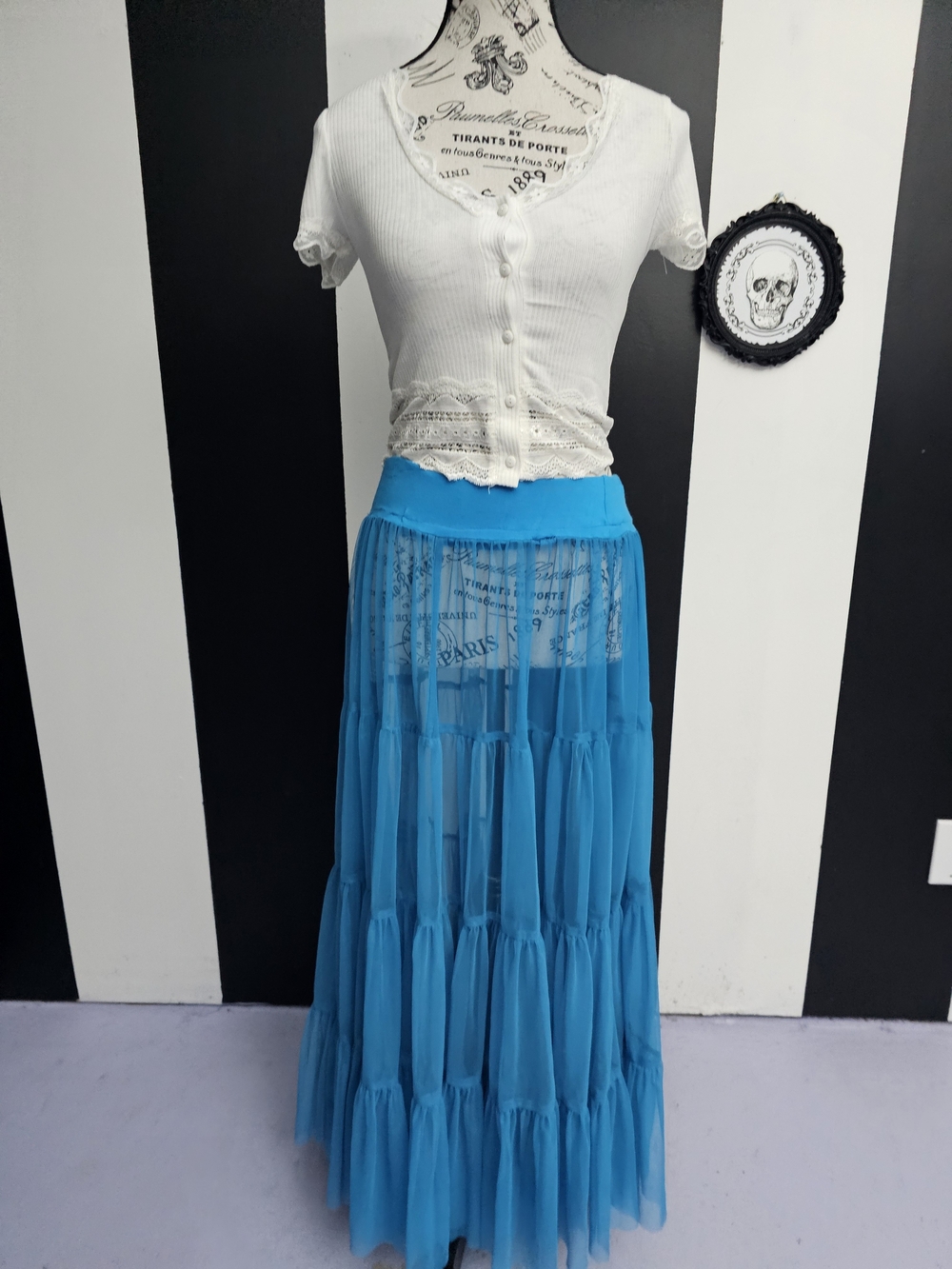 Vintage Turquoise Tiered Sheer Maxi Skirt